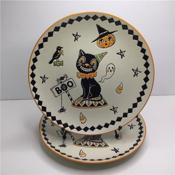 2 Halloween Side Salad Plates Creep Show Bat Jack O Lantern New Eli + Ana